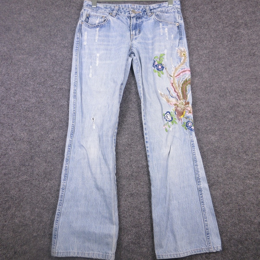 Buffalo Jeans Womens 27 Blue Wash Bootcut Floral Embroidered Distressed 29x27